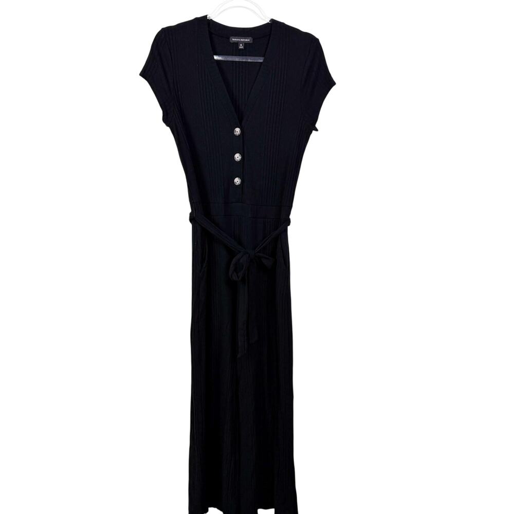 Banana Republic Ribbed Knit Short Sleeve Cropped Wide Leg Jumpsuit Black Size M